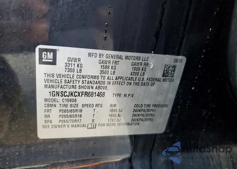 2015 Chevrolet Suburban C1500 Lt z USA, uszkodzony, nr VIN 1GNSCJKCXFR681468